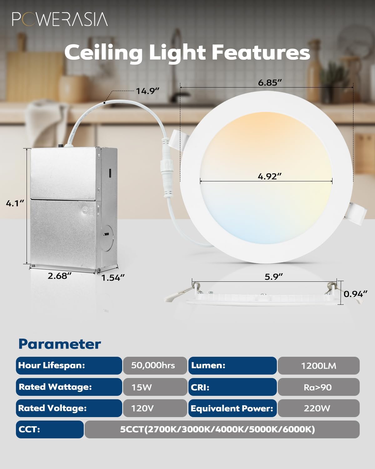12 Pack 6 Inch Ultra-Thin LED Recessed Ceiling Light with Junction Box, 5CCT Dimmable 2700K/3000K/4000K/5000K/6000K,15W 1200lm Can Killer Downlight-ETL and Energy Star Certified
