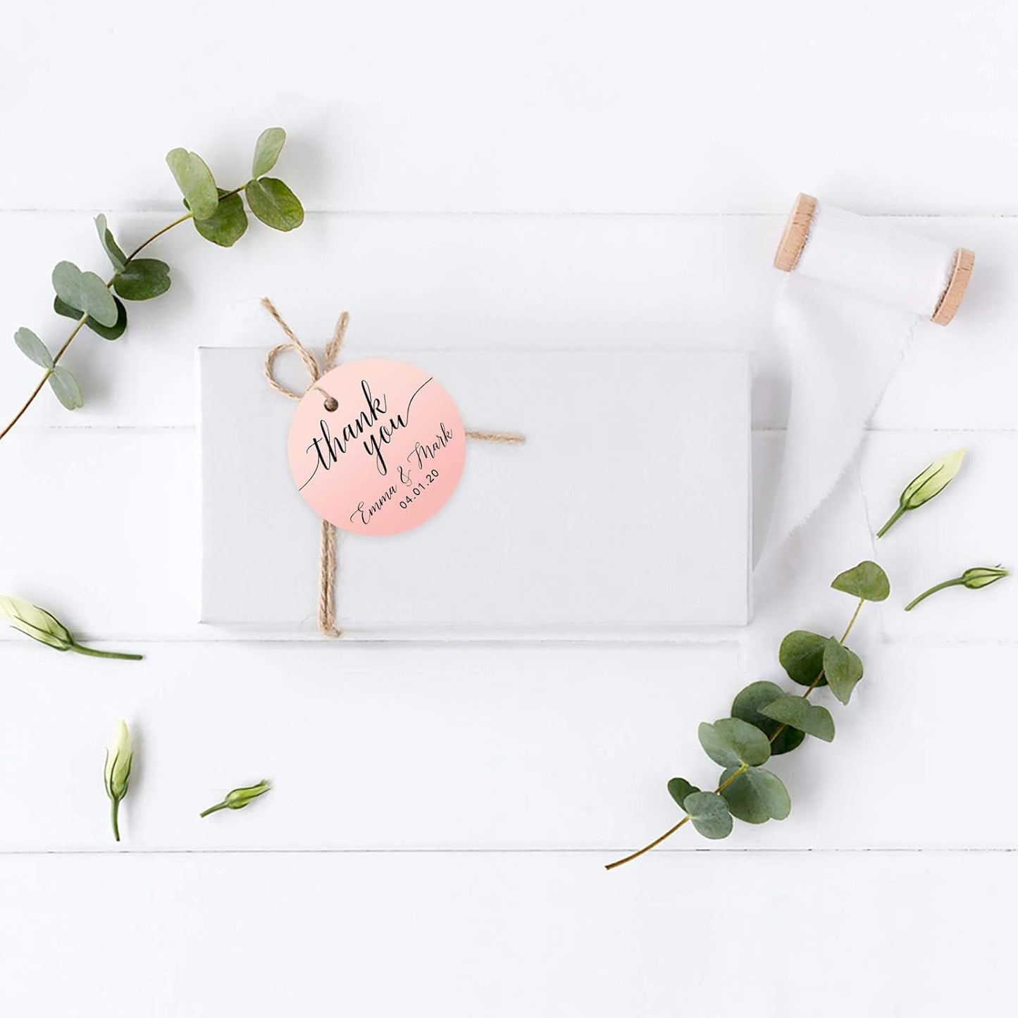 Andaz Press Personalized Blush Pink Rose Elegant Party Collection, Round Circle Tags, Thank You Olivia & John 04.14.20, 24-Pack, Custom Favors Decor