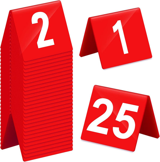 Tuanse Table Numbers 1-25 Acrylic Double Side Numbered Table Tents Plastic Restaurant Wedding Numbers Cards Signs for Party Banquets Wedding Reception(Red, White)