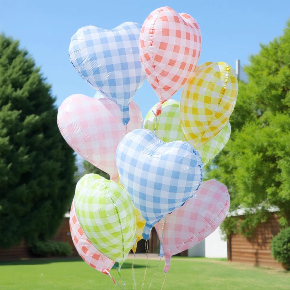 Blue White Checkered Heart Balloons,12Pcs 18Inch Light Blue Grid Heart Shaped Foil Helium Polyester Film Balloons for One Silly Goose Birthday Baby Shower Party Decorations
