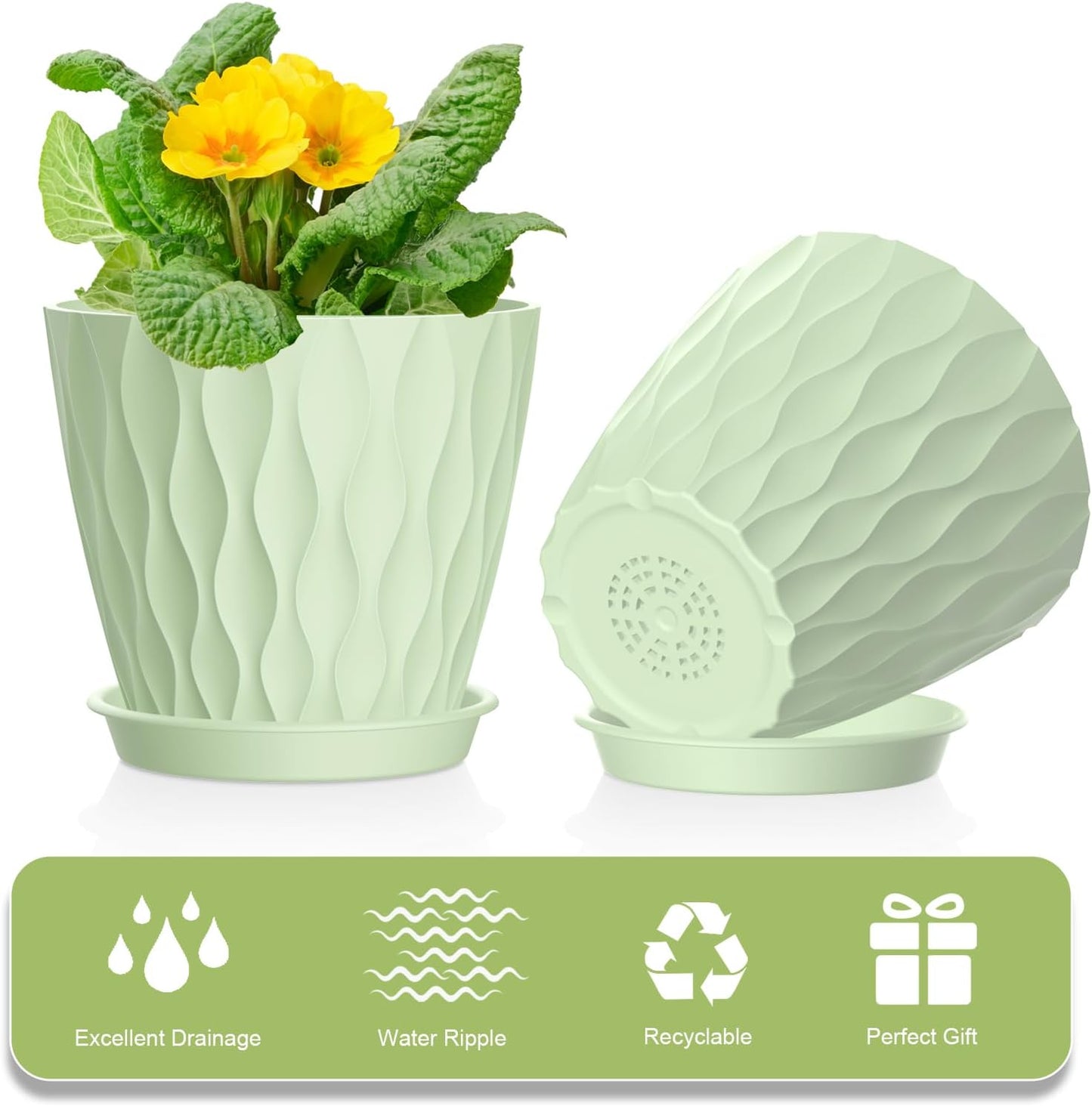 12 Pack 4 Inch Small Plant Pots with Saucers, Waffle Texture Plastic Planters with Drainage Holes for Indoor and Outdoor Plants, Flowers, Herbs, Succulents, and Seedlings, Green