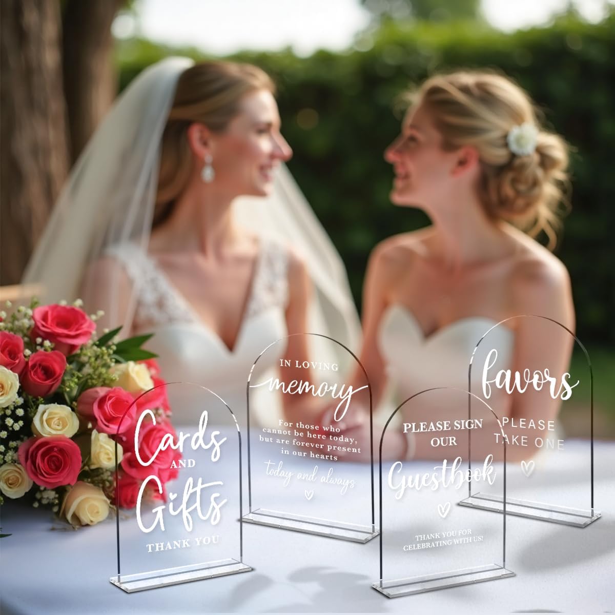 4 Pcs Acrylic Wedding Signs for Ceremony and Reception, Bridal Shower Decorations, Cards and Gifts Signs, Guest Book Sign, Arch Acrylic Table Top Sign with Holder for Wedding Reception (Clear)
