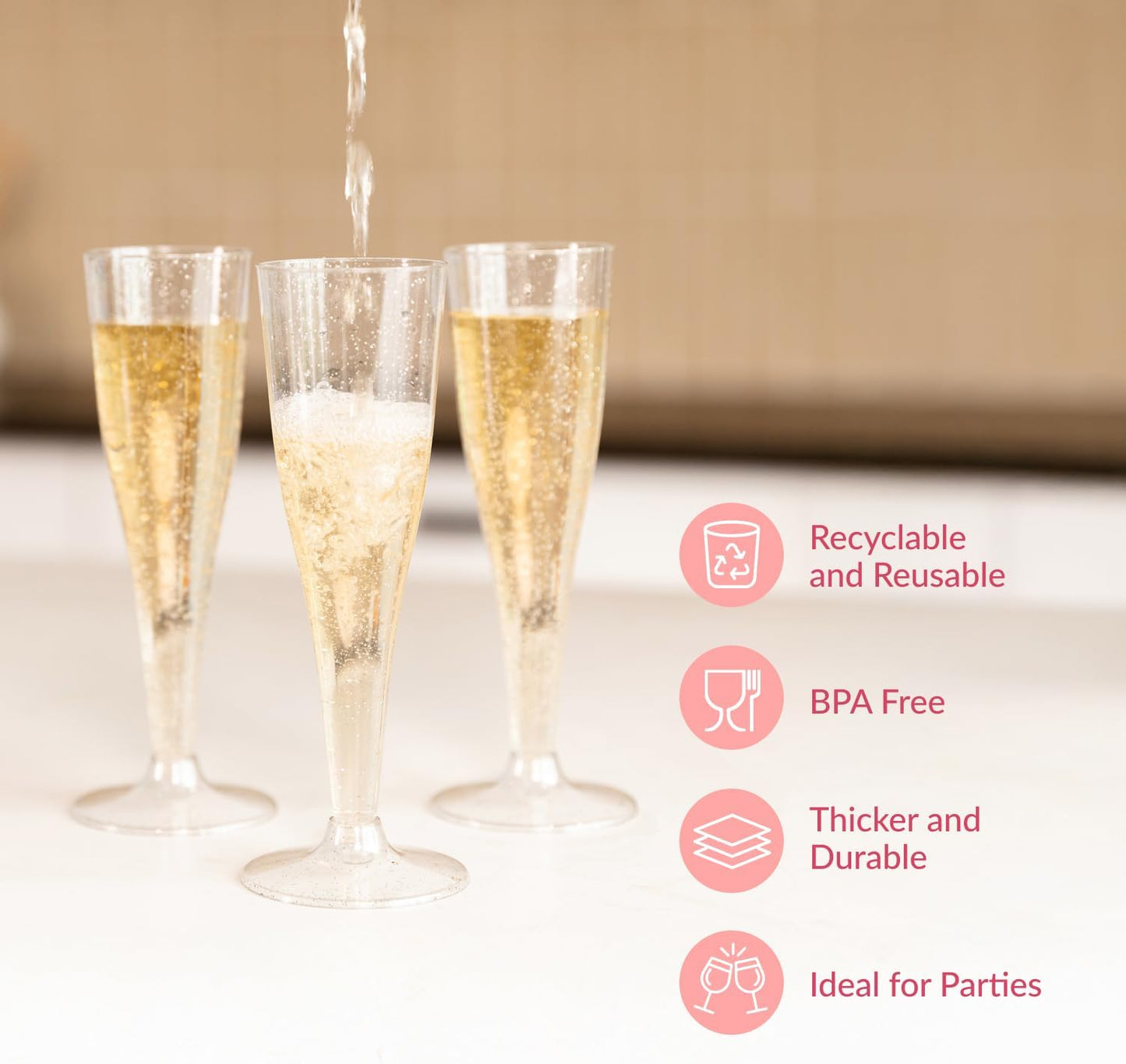 Prestee 24 Champagne Flutes Plastic - Disposable Flute - Silver Glitter Plastic Glasses for Parties - Mimosa Bar, Wedding, Shower Party, New Years Eve Party Supplies 2025 (Silver)