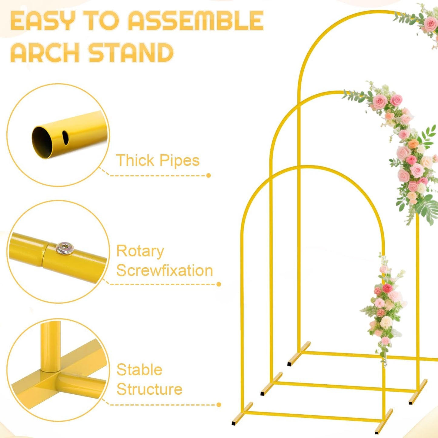 Set of 3 Arch Stand and Cover Set 6FT, 5FT, 4FT Metal Wedding Arch Backdrop Stands with Spandex Arch Covers Stretchy Backdrop Stable Arched Frame for Birthday Party Gender Reveal Baby Shower Ceremony