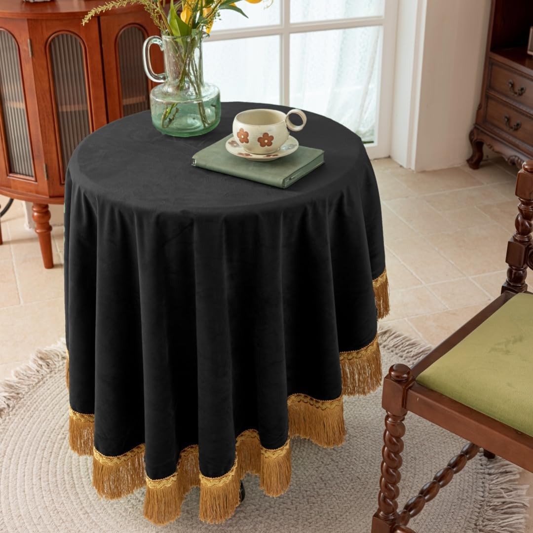 F-CHU Black Tablecloth Thickset Velvet Tablecloth with Beautiful Gold Tassels Vintage Table Cloth for Home Decor Wedding, Party, Banquet and Events 70" Round