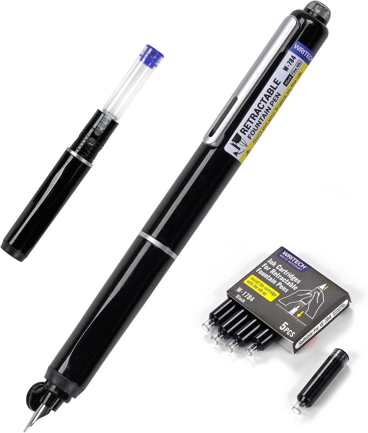 WRITECH Retractable Fountain Pen Set: Fine Nib Black Ink Pens Includes 5 Ink Cartridges Smooth Writing for Sketching Journaling Calligraphy Gift (Black)