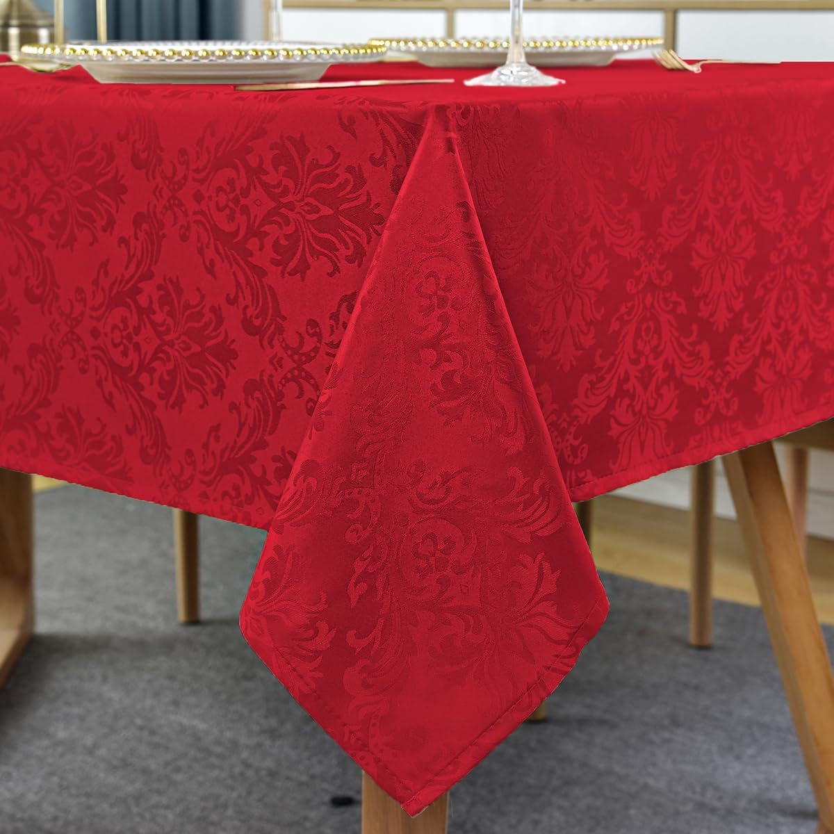 Jacquard Christmas Tablecloth Rectangle 52 x 70 Inch, Waterproof Wrinkle Free Floral Damask Table Cloth, Soft Fabric Table Cover for Xmas, Holiday, Winter, Holiday, Party, Wedding, Red