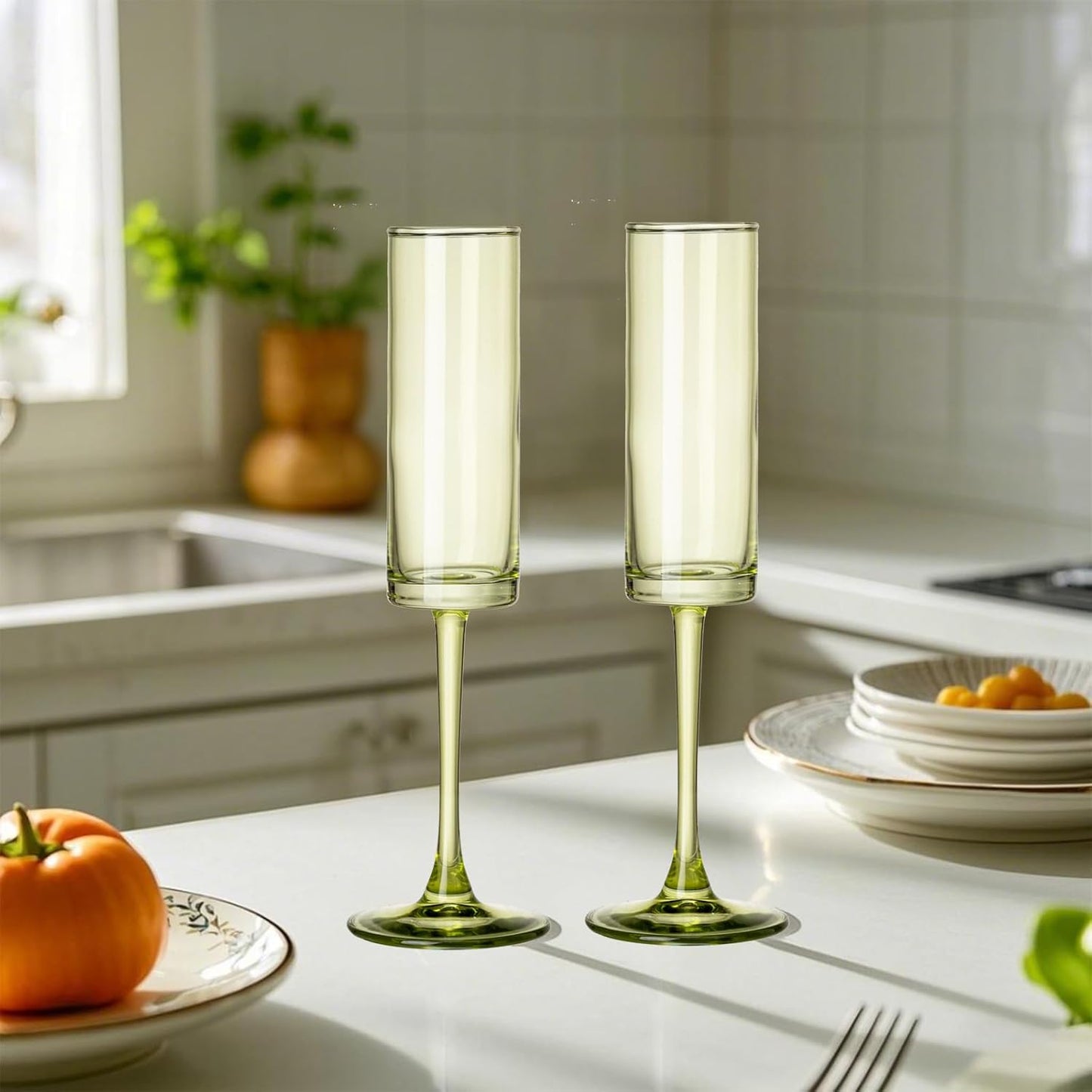 6 Pieces Green Champagne Flutes 6 OZ Straight Sided Wine Glasses Champagne Long Stem Drinking Colored Glasses,Set of 6 Hand Blown Champagne Flutes Goblets for Wedding Cocktail Cups,Cava, Prosecco