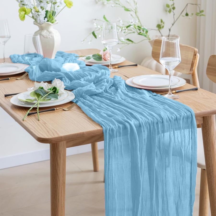 12 Pack Light Blue 10 Ft Cheesecloth Table Runner 20x120 Inch Boho Wrinkled Sheer Romantic Gauze Decor for Wedding, Bridal Shower, Birthday Party
