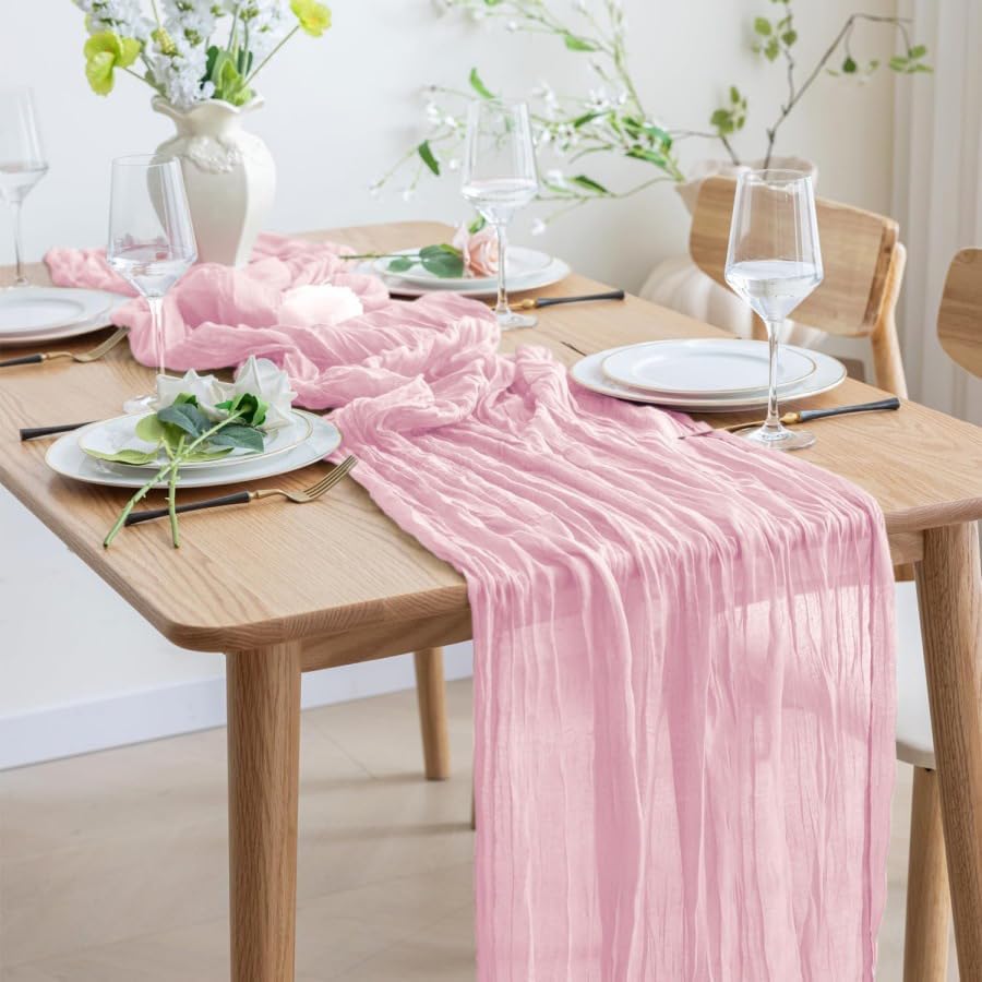 8 Pack 10Ft Table Runner 35x120 inch Pink Boho Gauze Table Cheese Cloth Long Wrinkled Sheer Table Runner for Wedding Bridal Shower Birthday Party Table Decor