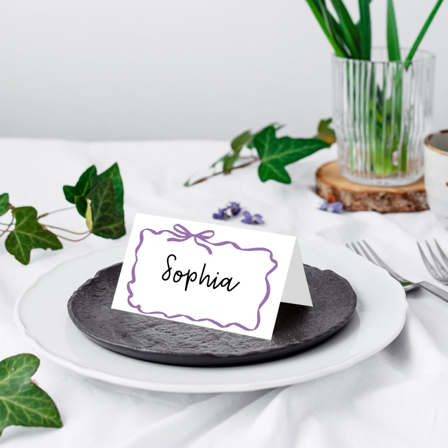 25 Pack Purple Bow Wave Place Cards, Editable Name Cards for Table Setting, Tent Cards Food Label for Dinner Party, Bridal Shower, Wedding, Baby Shower and Events -T16