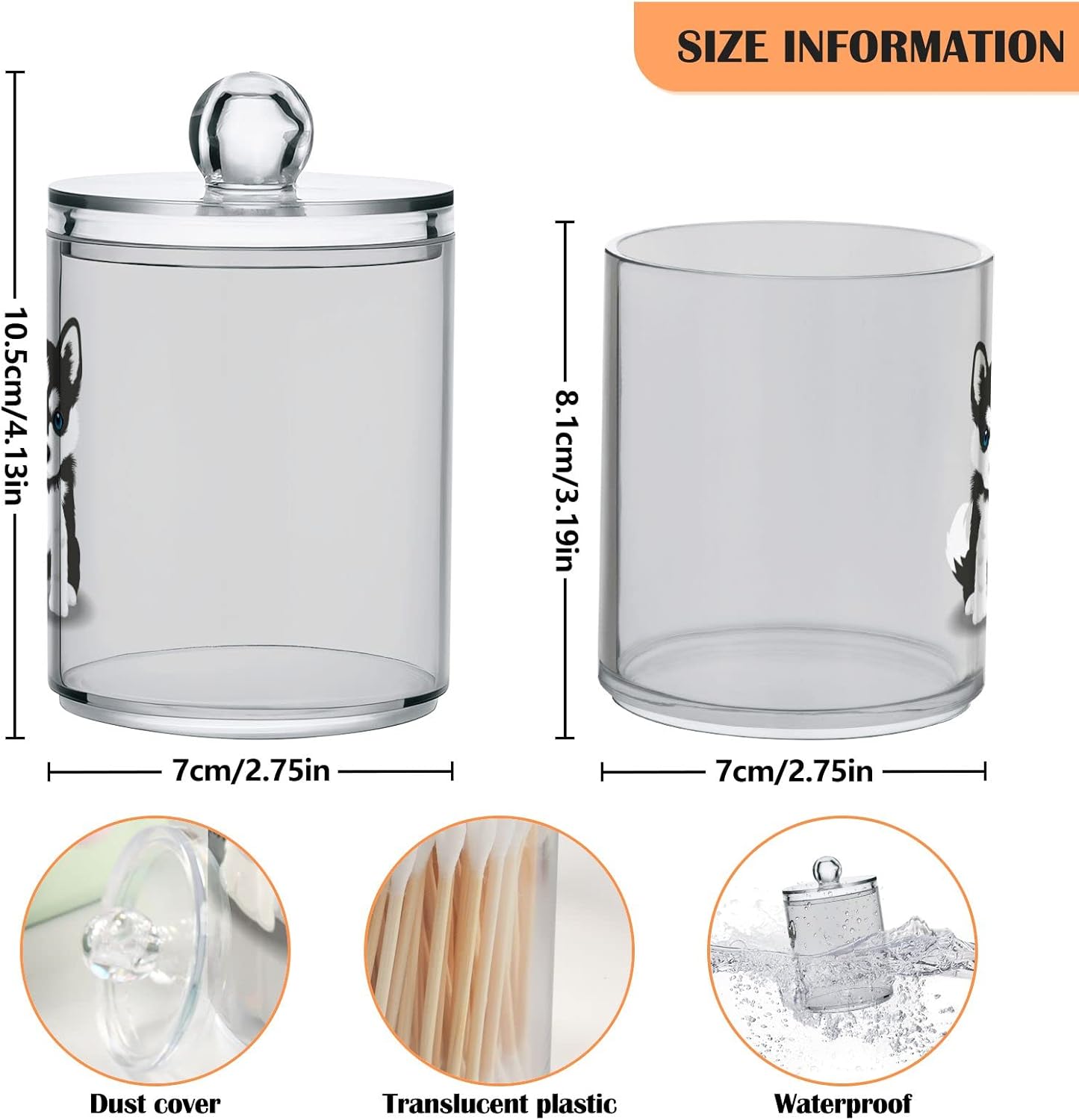 2 Pack Qtip Dispenser Apothecary Jars Dog Bathroom Organizer, Siberian Husky Puppy Qtip Holder Storage Canister Plastic Acrylic Jar for Cotton Ball/Swab/Rounds