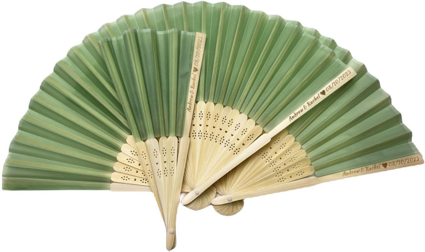 Personalized Wedding Fans Handheld Folding Fans (10Pcs) - Custom Engraved Green Silk Fans for Bridal Shower Favor/Baby Shower Favor, Birthdays Party Gifts/Gifts for Party Guests