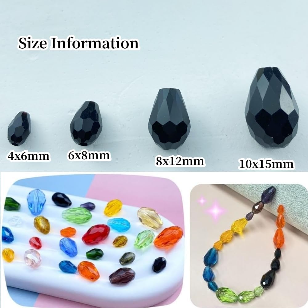 100pcs 8x12mm Teardrop Crystal Glass Beads Vertical Hole Faceted Glass Teardrop Spacer Beads for Bracelets Necklace Earring DIY Jewelry Making Craft(Black)