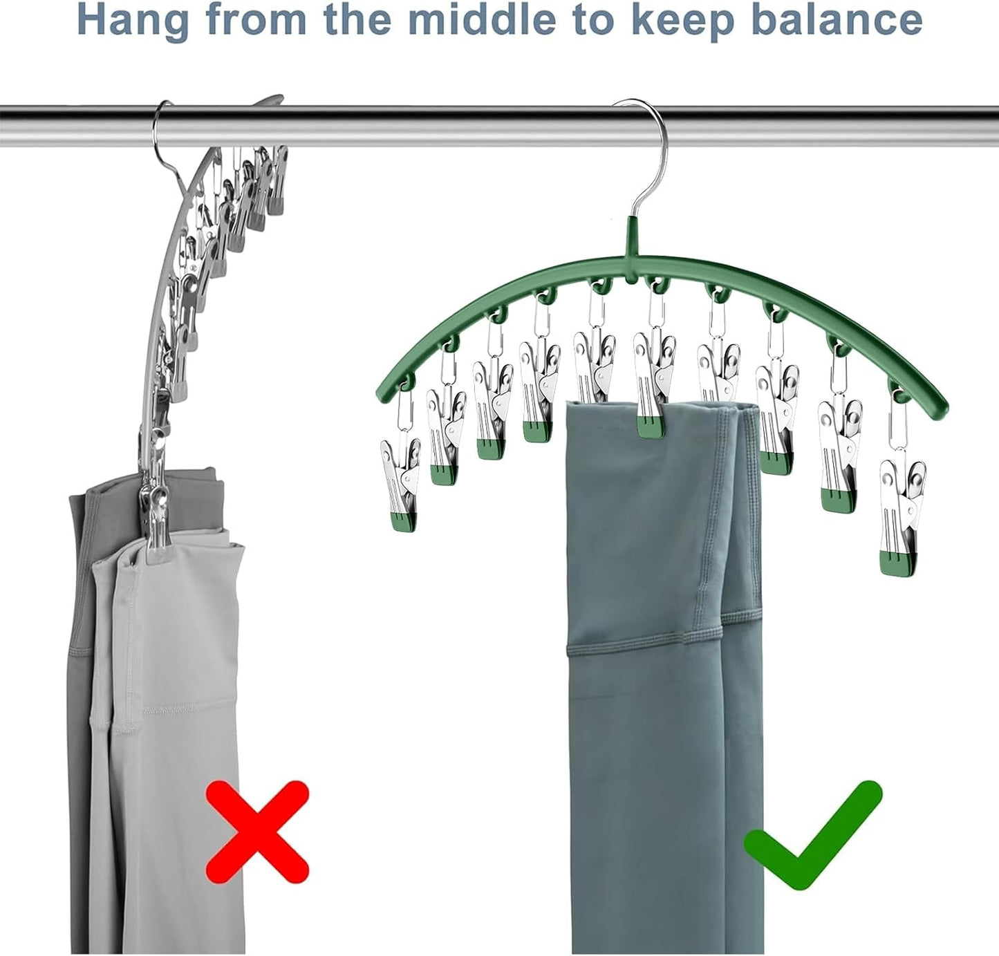 Legging Organizer for Closet, Metal Yoga Pants Hangers 4 Pack w/10 Clips Holds 40 Leggings, Space Saving Hanging Closet Organizer w/Rubber Coated Closet Organizers and Storage, Green