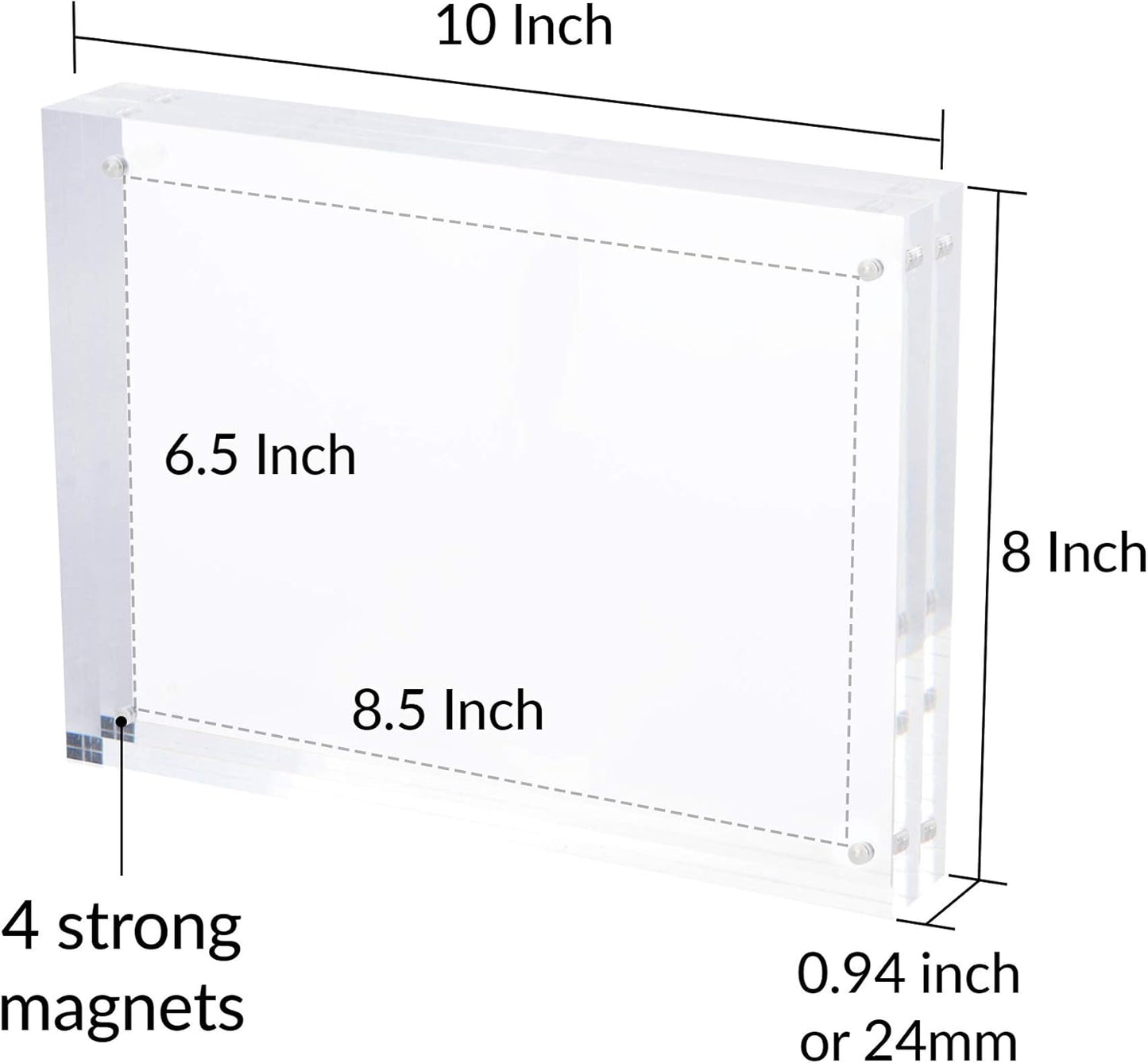 SimbaLux Magnetic Acrylic Picture Photo Frame 8x10 inches 24mm Thick with UV Protection (1 Pack) Clear Glass Like, Double Sided Frameless Desktop Floating Display, Free Standing, 20% Thicker than Most