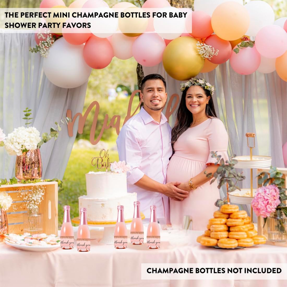 Andaz Press Mini Champagne Wine Bottle Labels, Thank You, Blush Pink Faux Rose Gold Glitter Elegant, 20-Pack, Party Favor Gift Label Stickers Baby Shower Bridal Shower