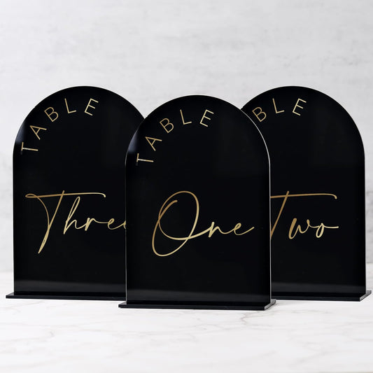 Black Arch Wedding Table Numbers 1-30 with Stands, 5x7 Inch Arch Acrylic Sign Black and Gold Lettering, Arch Acrylic Table Numbers for Wedding Reception