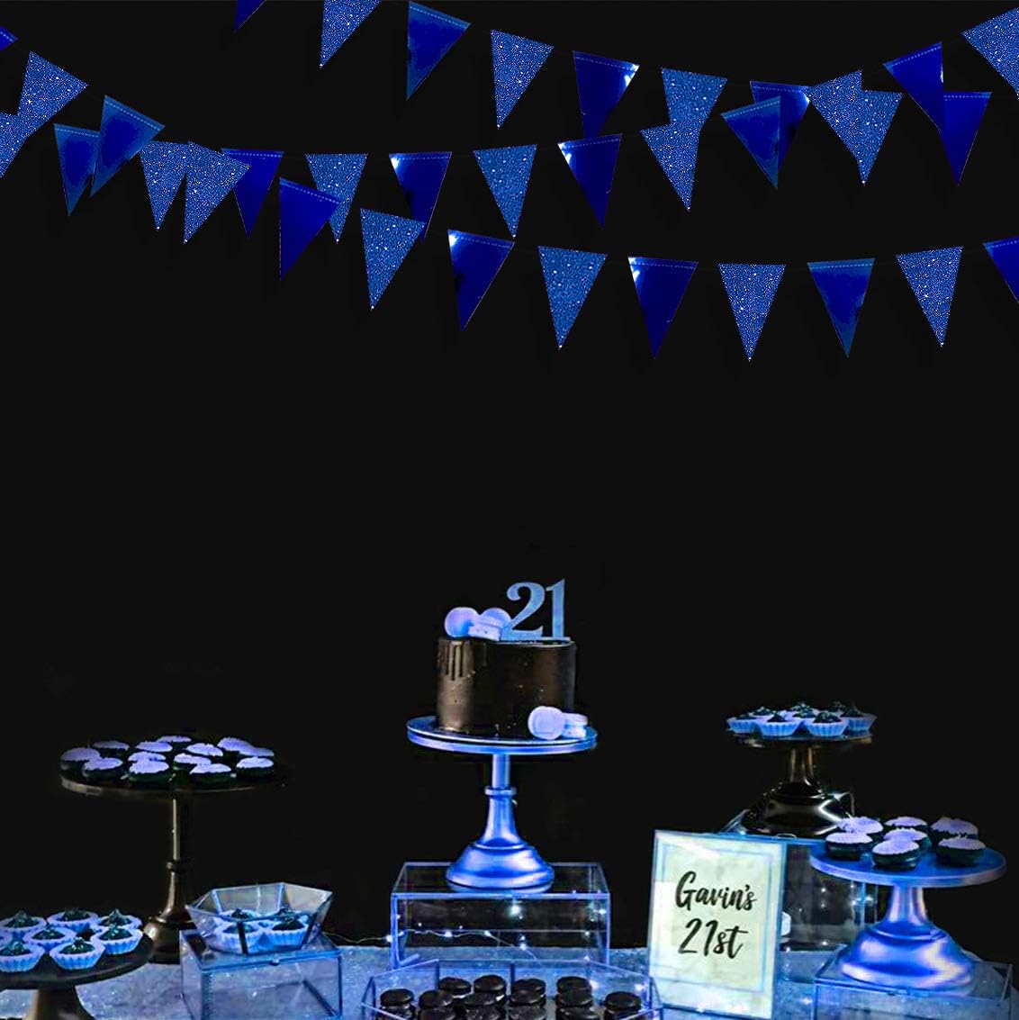 30 Ft Royal Blue Party Decorations Navy Blue Metallic Glitter Paper Triangle Banner Flag Garland Pennant Bunting for Graduation Birthday Wedding Bridal Shower Ahoy Achor Nautical Theme Party Supplies