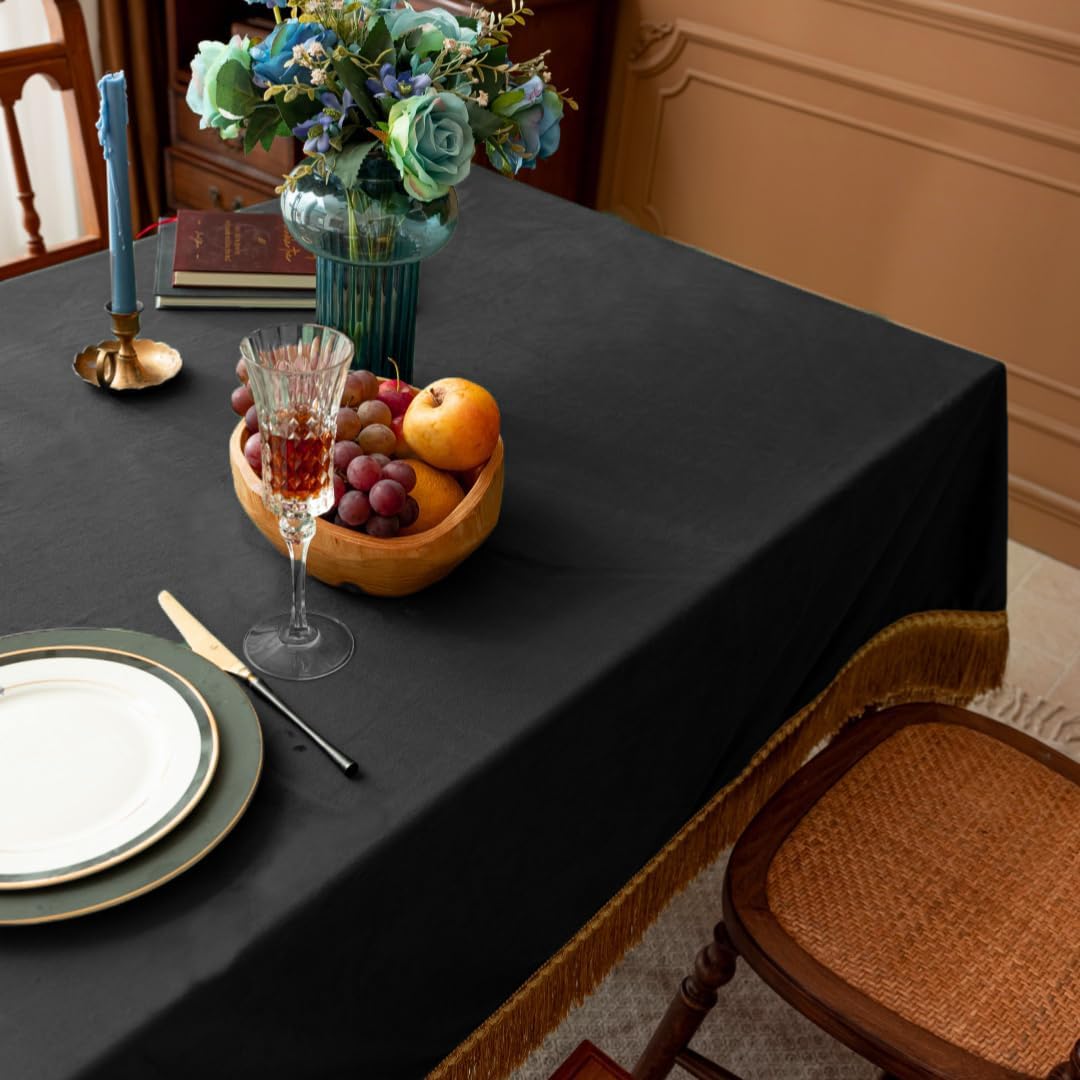 F-CHU Luxury Black Tablecloth Thickset Velvet Tablecloth with Beautiful Gold Tassels Table Cloth for Home Decor Wedding, Party, Banquet and Events 60x60-Inch