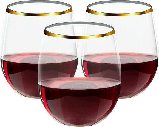 FOCUSLINE 32 Pack 12 OZ Plastic Wine Glasses, Stemless Disposable Wine Cups, Gold Rim Unbreakable Wine Glasses, Reusable Shatterproof Recyclable and BPA-Free Plastic Wine Cups