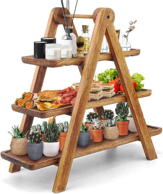 Manspdier Wood 3 Tier Serving Tray Three Tiered Serving Stand, Rectangle Serving Platter Wooden Farmhouse Tiered Tray, Party Serving Brown decorative tray tray decor