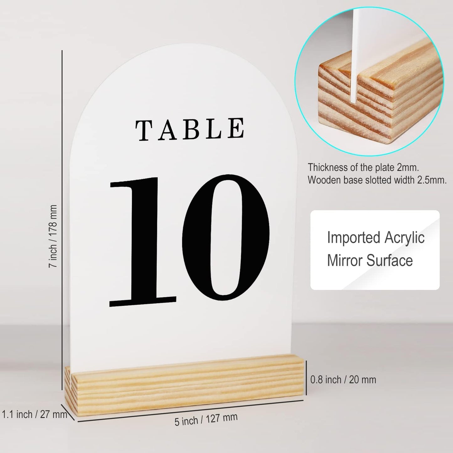 Wedding Table Numbers 1-15, Acrylic Arch Signs with Natural Wood Stands Holders, Rustic Table Decor for Reception & Parties (White Black)