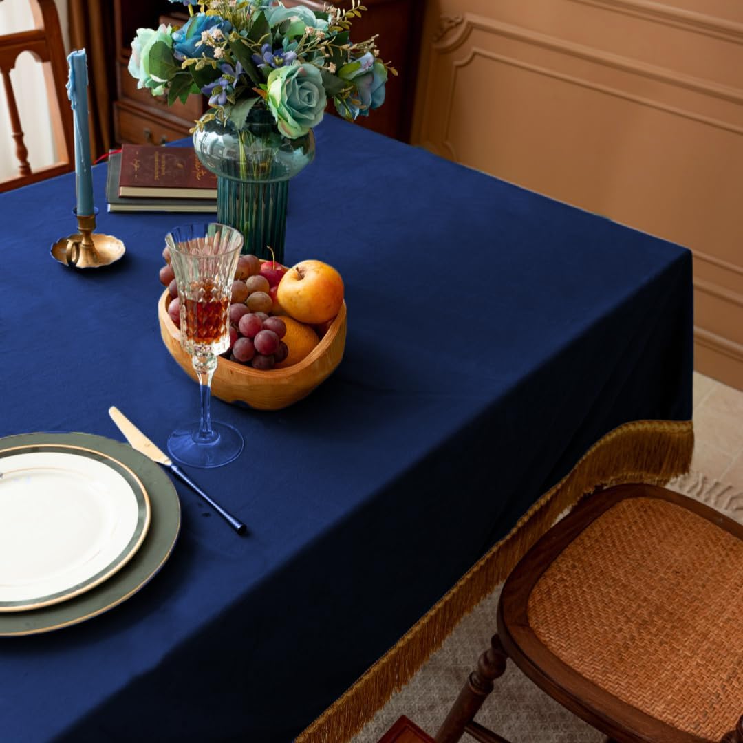 F-CHU Luxury Blue Tablecloth Thickset Velvet Tablecloth with Beautiful Gold Tassels Vintage Table Cloth for Home Decor Wedding, Party, Banquet and Events 60x70-Inch