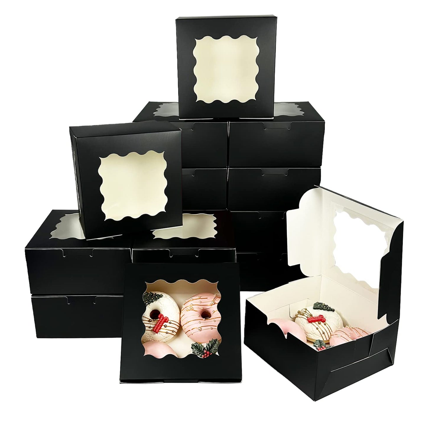 Bakepacker 100pcs Black Cookie Boxes 6x6x3 inches Easy Assemble Macaroon Pastry Boxes Bakery Boxes with Window for Bakery
