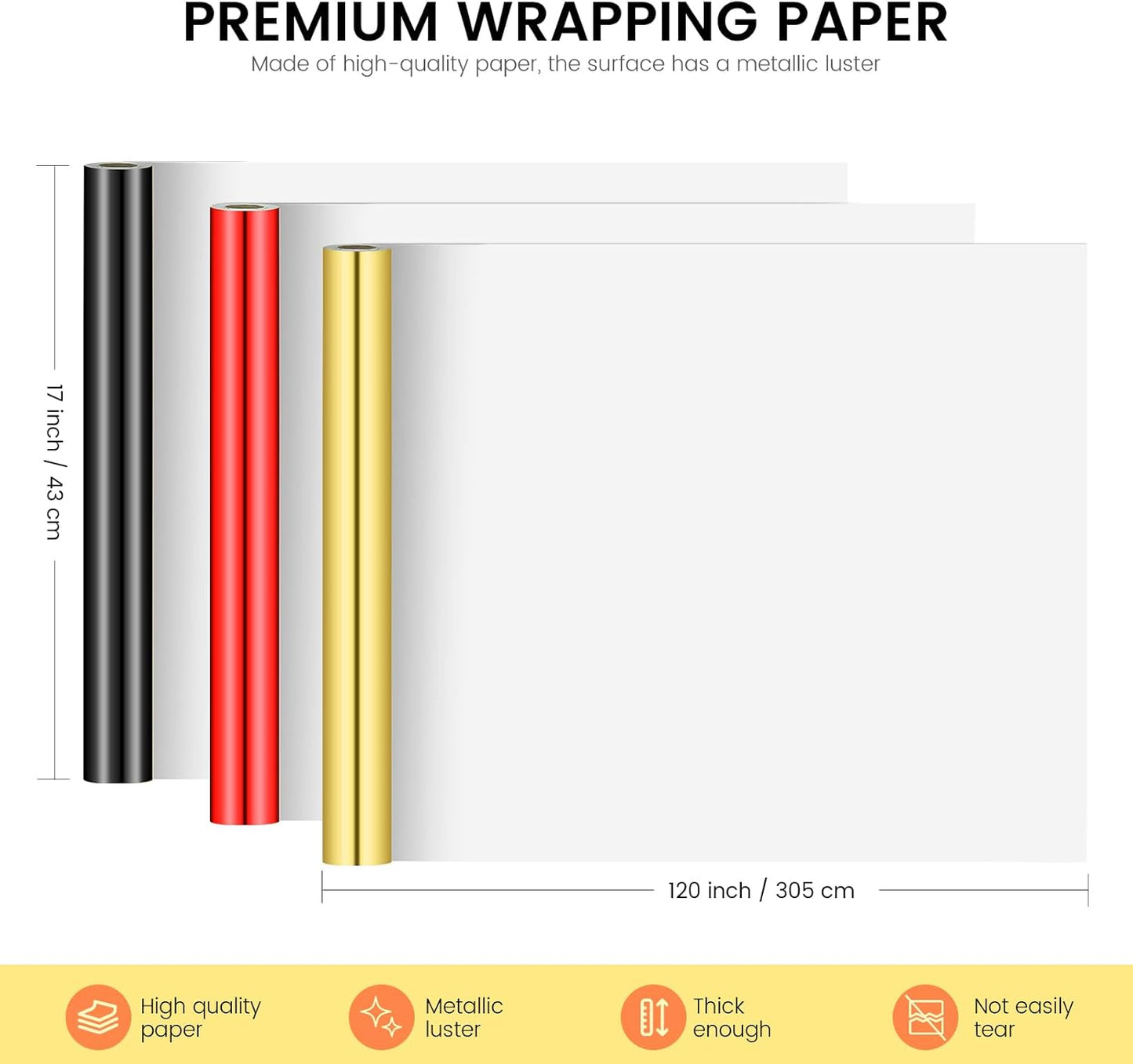 KMER LIFE Metallic Wrapping Paper Rolls - 3 Rolls Premium Gift Wrapping Paper, 17 x 120 Inch Each, Birthday & Christmas Wrapping Paper, Baby Shower & Party (Red, Black, Gold)