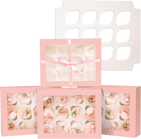 12 Cupcake Containers 10-Packs Pink Cupcake Box Cupcakes Carrier, 12 Cupcake Boxes with Window 13"x10"x3.5"（Auto-pop up）