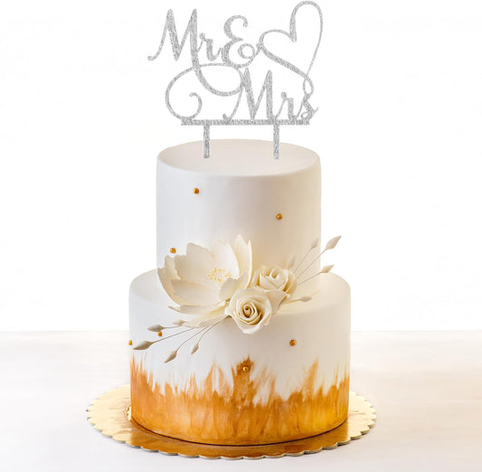 Mr and Mrs Cake Topper, Wedding Cake Toppers Bride and Groom, Wedding Cakes Decorations, Gold Acrylic Topper for Weding, Engagement, Anniversary (Silver)