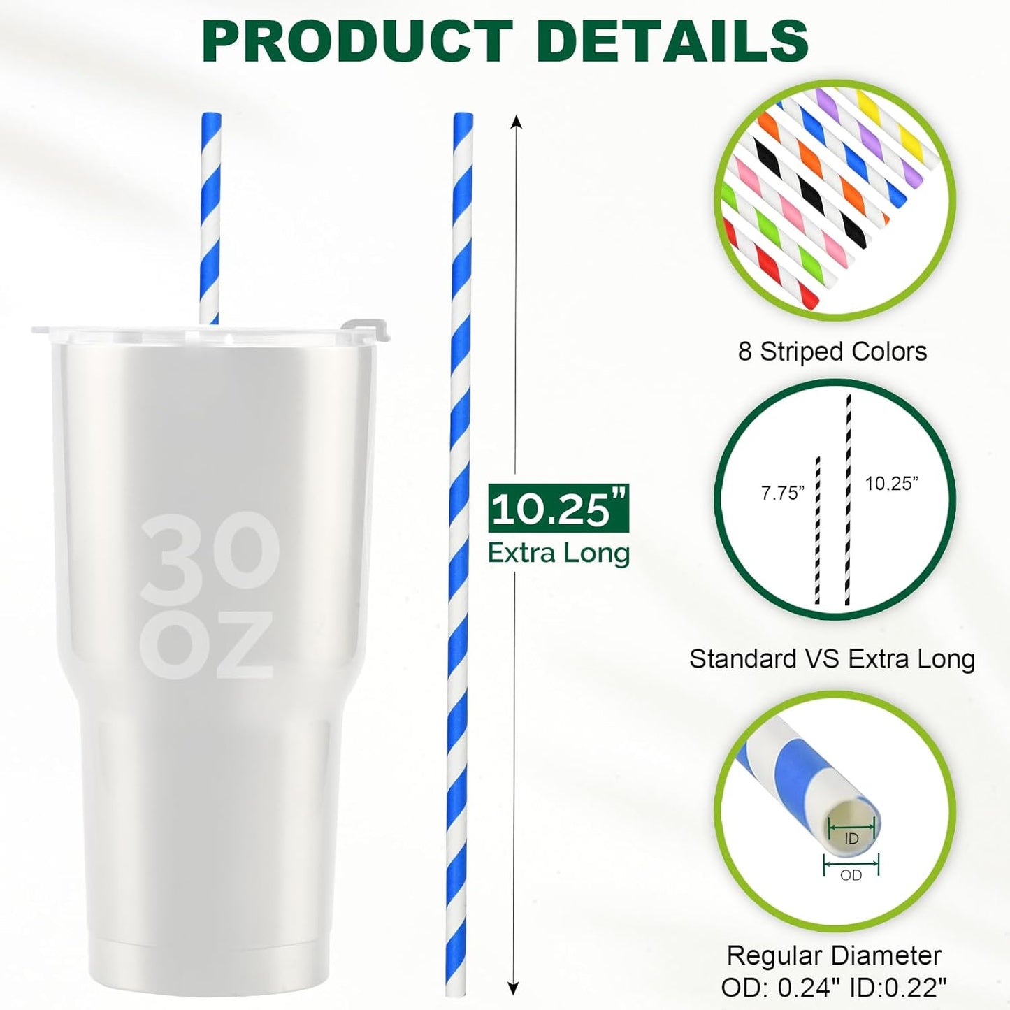 10 inch Long Disposable Paper Straws Bulk for Drinking - Unwrapped, 8 Assorted Colors [600 Counts]