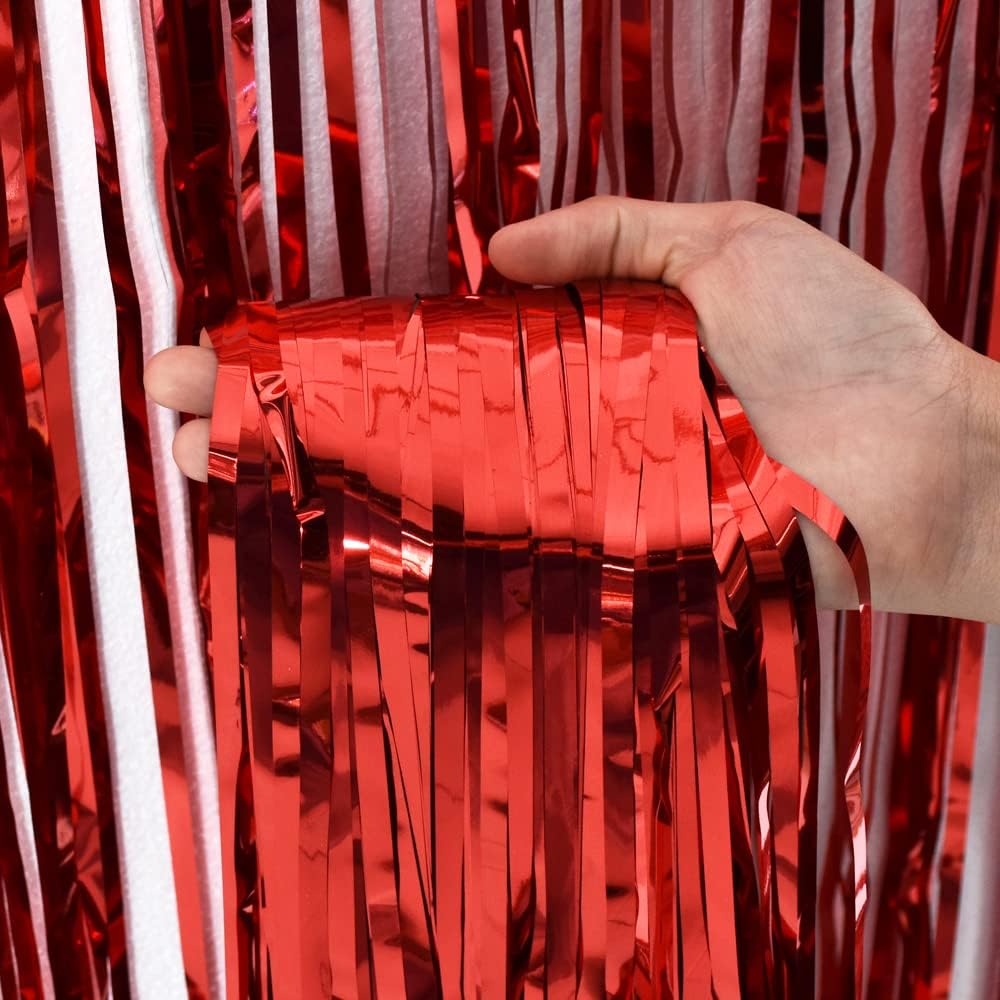TONIFUL 2Pcs Red Metallic Tinsel Foil Fringe Curtains,Red Photo Booth Backdrop Streamer Curtain Photo Booth Props for Bachelorette Party,Birthday,Graduation,Christmas Decor(6.6ft x 9.9ft)
