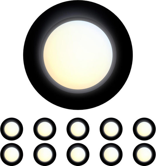 10 Packs 4 Inch Black LED Low Profile Recessed & Surface Mount Disk Light, Round, 10W, 600 Lumens, 5CCT Field Selectable, CRI80, DOB Design, Dimmable, ETL Listed