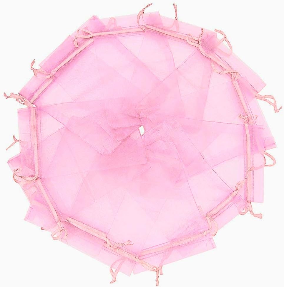 Wudygirl 100pcs Sheer Pink 5''X7 Organza Bags with Drawstring Jewelry Lipstick Pouches Baby Shower Party Wedding Favors Chocolate Candy Bags (Pink 5x7)