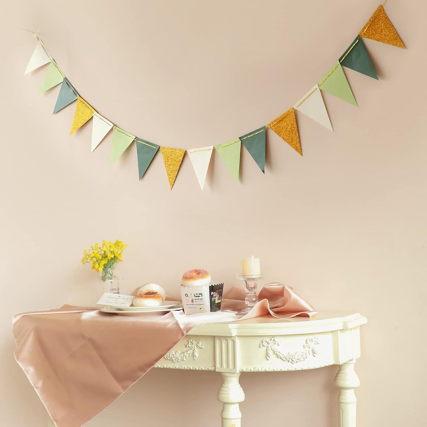 Fonder Mols Paper Pennant Party Decorations Large Gold Green(10 Feet), Triangle Flags Bunting, Paper Triangle Garland for Greenery Baby Shower Wedding Nursery Classroom Birthday Party