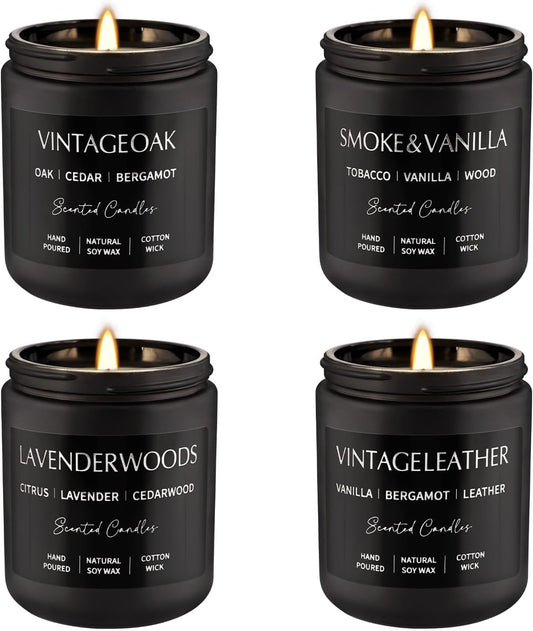 4Psc Scented Candles Set,7oz Gifts for Men Aromatherapy,Soy Candle of Smokeless - Leather & Smoke, Vanilla Oakmoss, Lavender - Relaxing Fragrance for Home, Office, Yoga(Black)