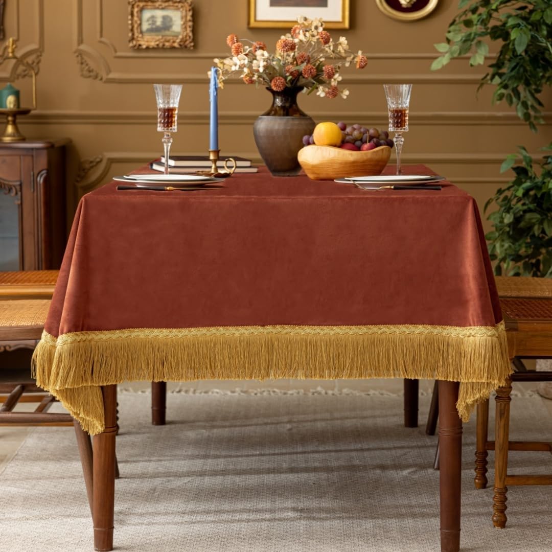 F-CHU Luxury Burnt Orange Tablecloth Thickset Velvet Tablecloth with Beautiful Gold Tassels Vintage Table Cloth for Home Decor Wedding, Party, Banquet and Events 67x120-Inch