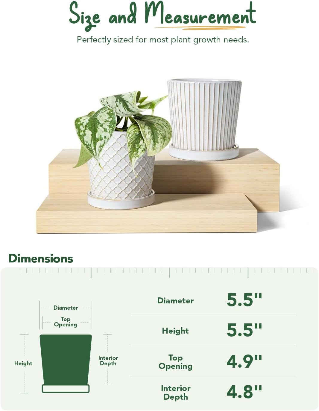 LE TAUCI Ceramic Pots for Plants, 5.4 Inch Plant Pots with Drainage Hole and Saucer, Indoor Plant Pots for Succulent, Snake Plants and Cactus, Flower Pots, Set of 2, Reactive Glaze White