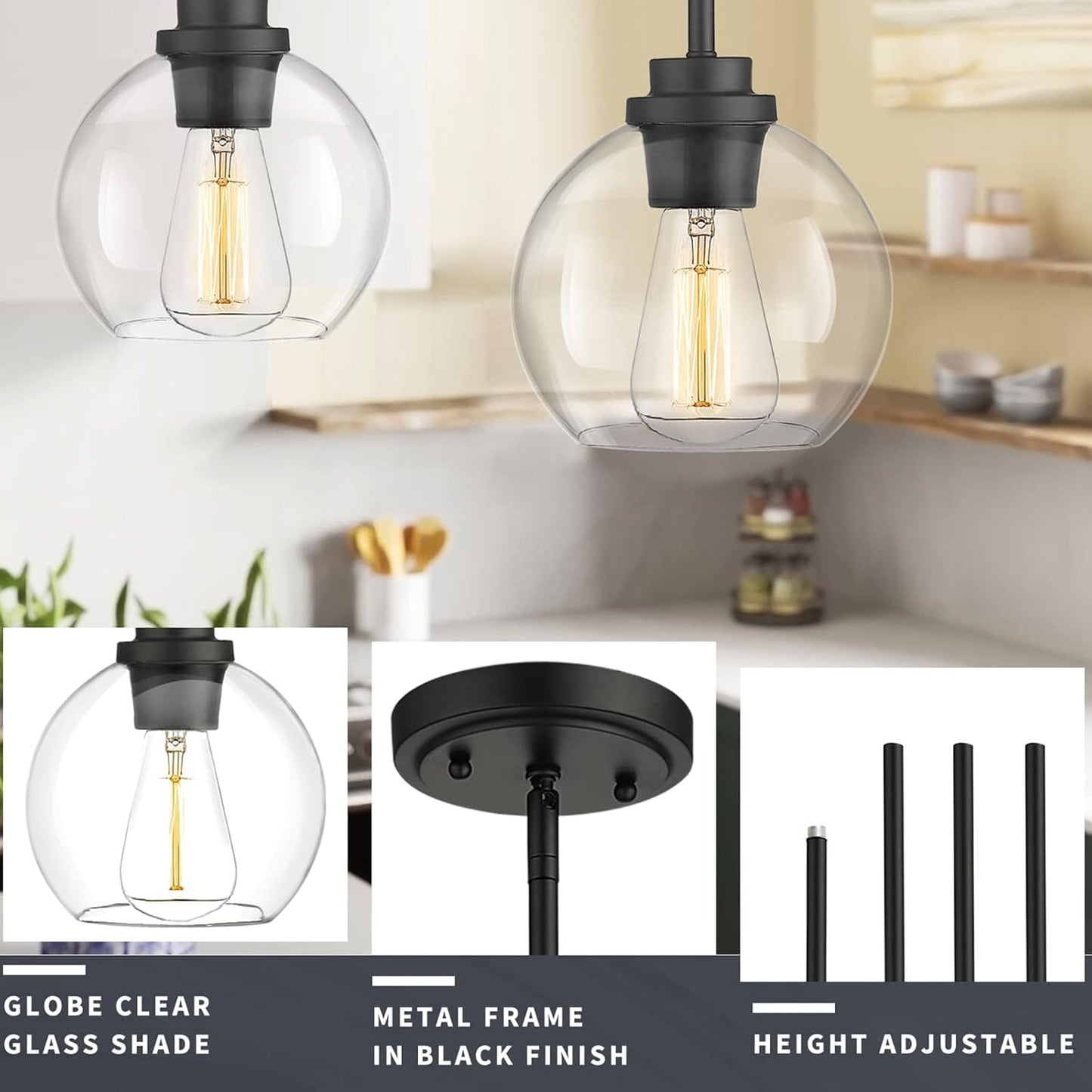 Pendant Light Fixtures,Pendant Lights Kitchen Island with Adjustable Hanging Pole Ceiling for Kitchen Island, Dining Room, Bedroom, Hallway- 2 Pack
