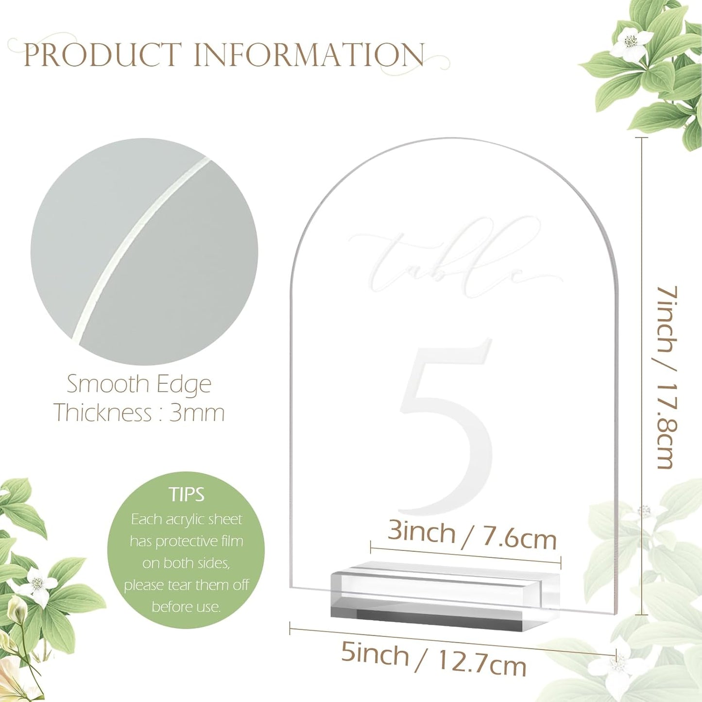 JINMURY Frosted Arch Table Numbers for Wedding, 5x7 Inch Acrylic Table Numbers 1-10 with Stands, Frosted Acrylic Arch Tabletop Sign with Holder for Centerpiece, Reception, Wedding, Party, Event
