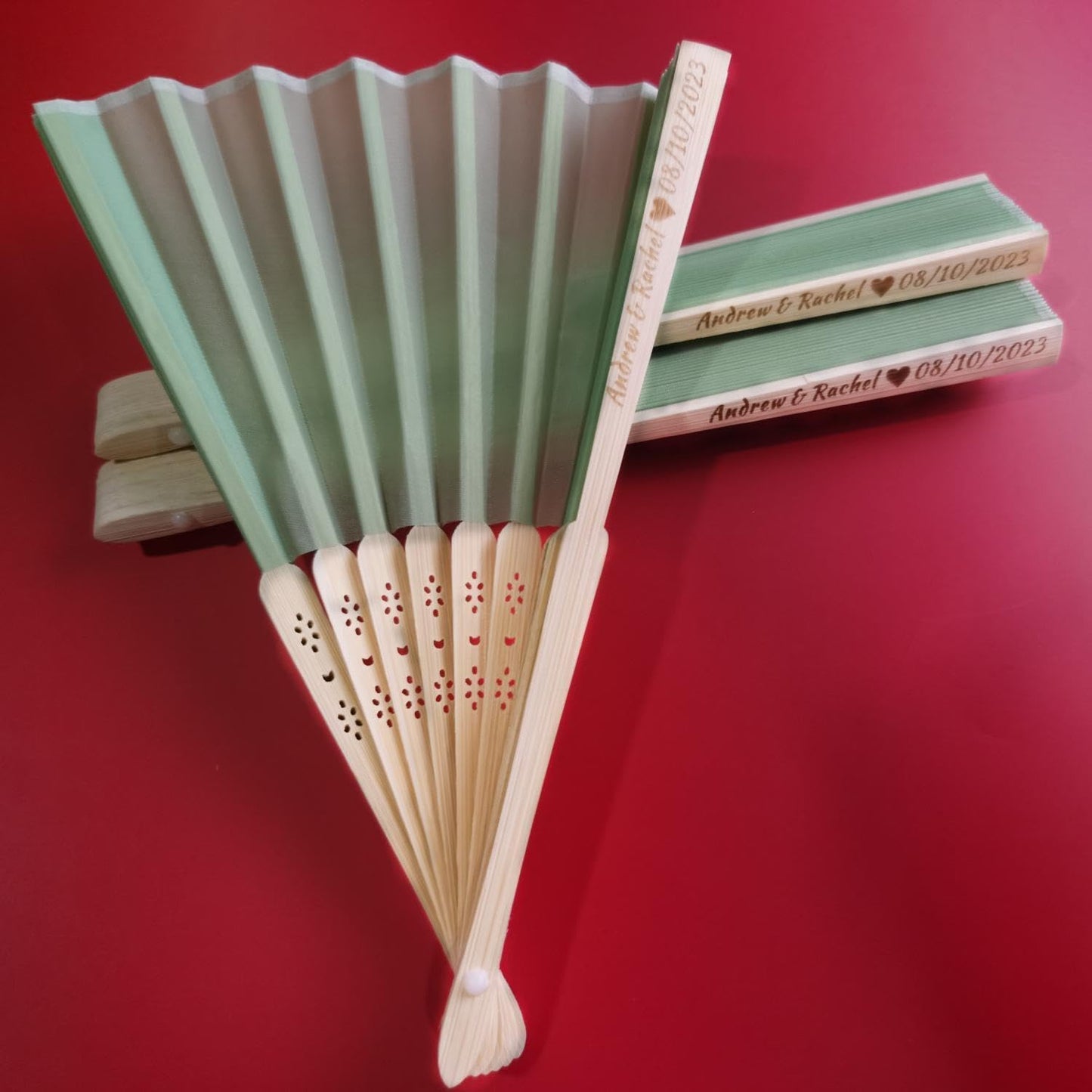 Personalized Wedding Fans Handheld Folding Fans(20Pcs) - Custom Engraved Green Silk Fans for Bridal Shower Favor/Baby Shower Favor, Birthdays Party Gifts/Gifts for Party Guests