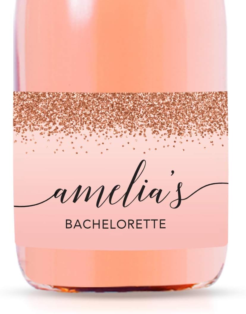 Andaz Press Personalized Bachelorette Mini Wine Labels, Blush Pink Faux Rose Gold Glitter Elegant 20-Pack Custom Mini Champagne Bottle Labels