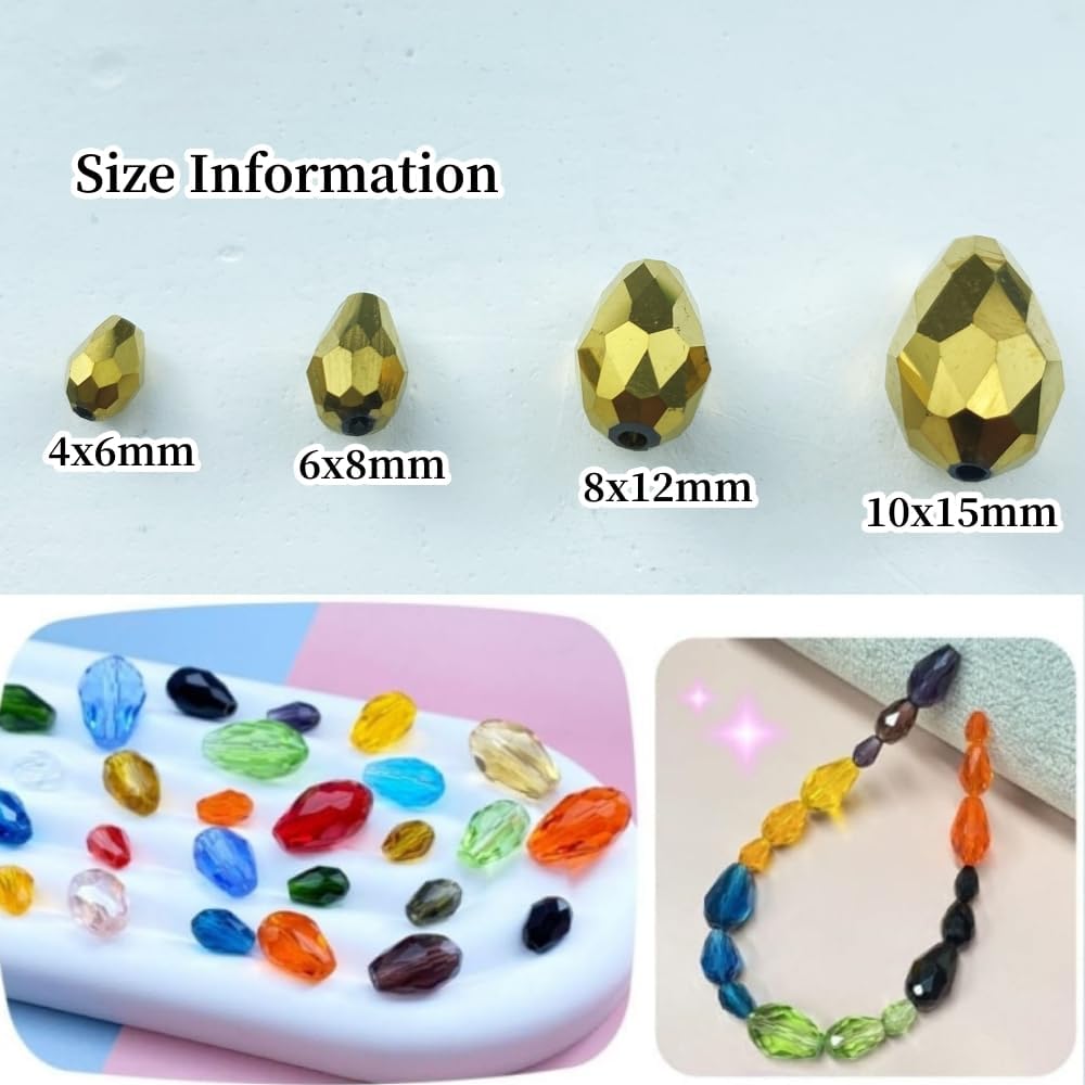 100pcs 8x12mm Teardrop Crystal Glass Beads Vertical Hole Faceted Glass Teardrop Spacer Beads for Bracelets Necklace Earring DIY Jewelry Making Craft(Gold)