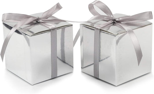 COTOPHER 100pcs Wedding Favor Boxes, Paper Gift Boxes 3x3x3 Inches Small Gift Boxes with Ribbons Small Boxes for Gifts, Crafting, Cupcake, Candy, Bridesmaid Proposal Boxes (Metallic Silver)