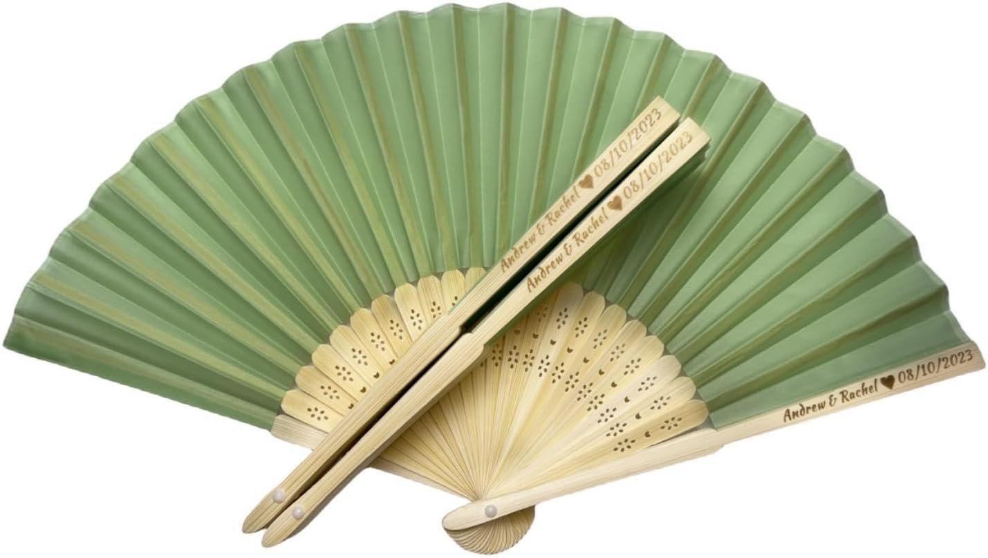 Personalized Wedding Fans Handheld Folding Fans (80Pcs) - Custom Engraved Green Silk Fans for Bridal Shower Favor/Baby Shower Favor, Birthdays Party Gifts/Gifts for Party Guests