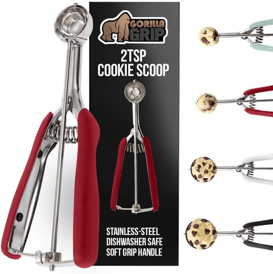 GORILLA GRIP Stainless Steel Cookie Scoop for Baking, 2 TSP, Multipurpose Melon Baller, Meatball Spring Scoops, Perfect Portion Sizes, Easy Food Release, Scooper Size 100, BPA-Free Kitchen Tool, Red