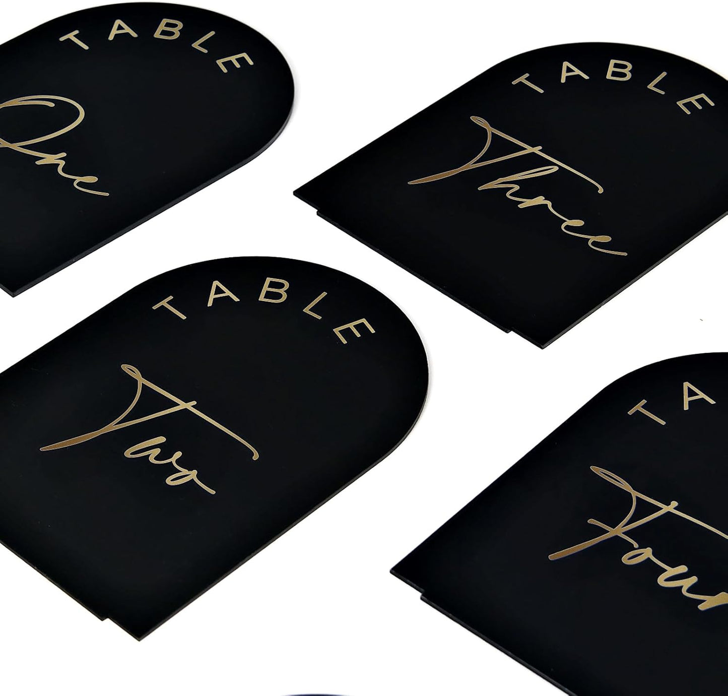 Black Arch Wedding Table Numbers 1-15 with Stands, 5x7 Inch Black Acrylic Sign with Gold Letters, Arched Acrylic Table Numbers for Wedding Reception