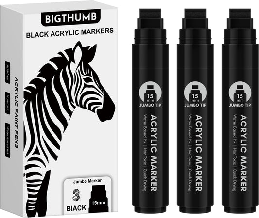 3 Pcs Black Jumbo Permanent Markers: 15mm Wide Tip Thick Acrylic Paint Pen Large Calligraphy Marker for Rock Painting, Poster, Sign, Canvas, Glass, Wood, Ceramic